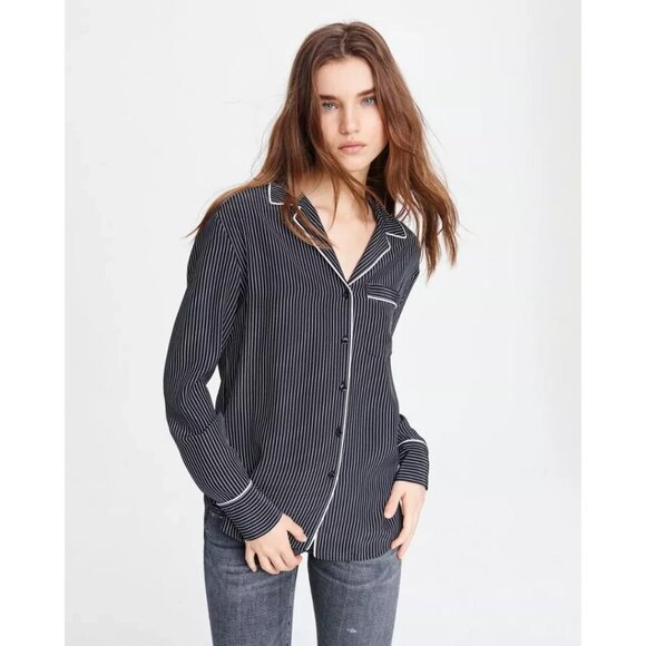 NWOT Rag & Bone black & white striped print 100% silk pajama inspired blouse, L - Picture 2 of 16